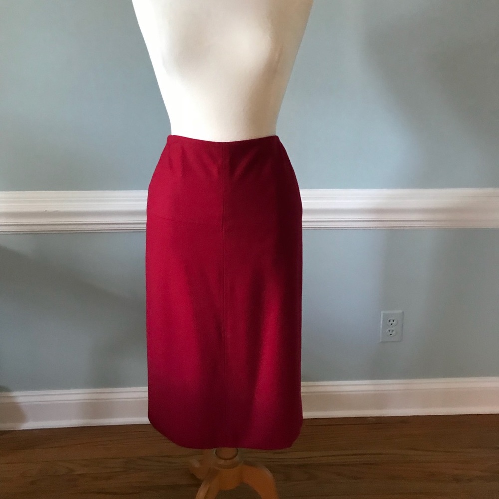 Ann Taylor red wool midi boot skirt with stitching